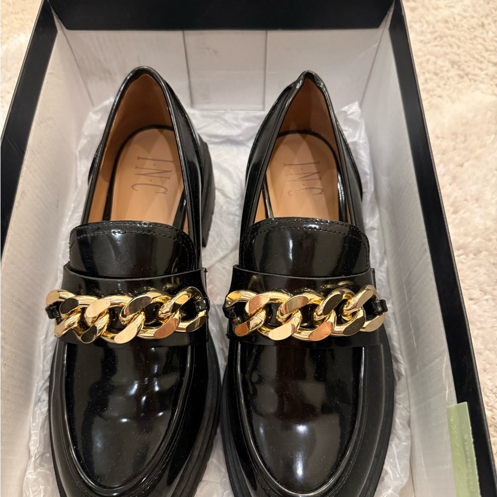 Black Loafers with Gold Chain Accent